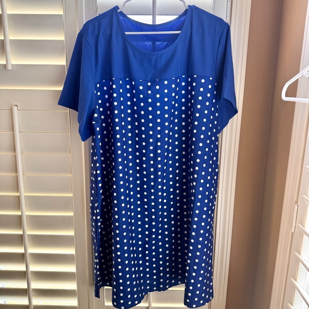 Women’s 4XL Blue Polka Dot Short Sleeve A-Line Dress Soft Lightweight Casual